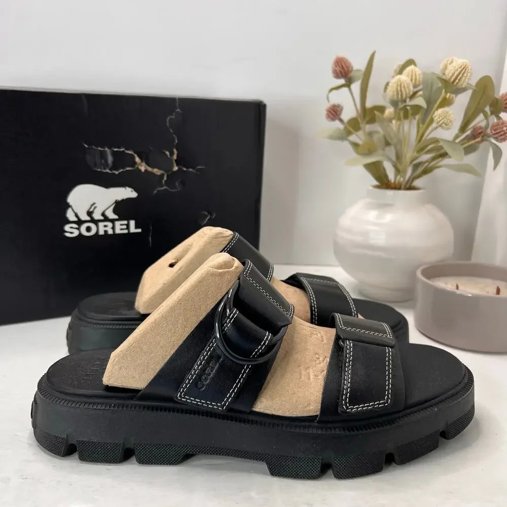 Sorel Rein CB Slide Leather Platform Sandal Black Women's 11 Tried On - Picture 1 of 11